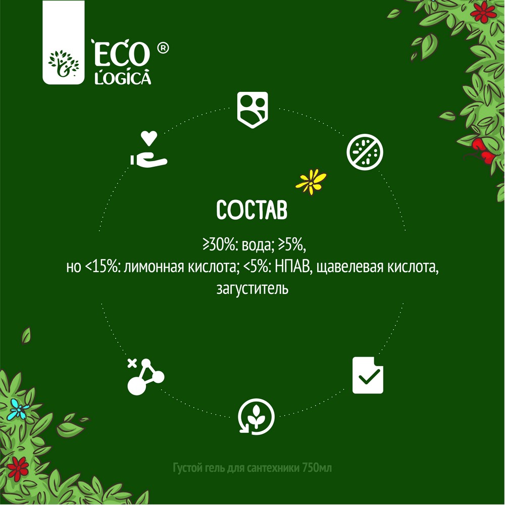 Густой гель для сантехники Ecologica против ржавчины и известкового налета  750мл – купить в интернет-магазине Улыбка радуги