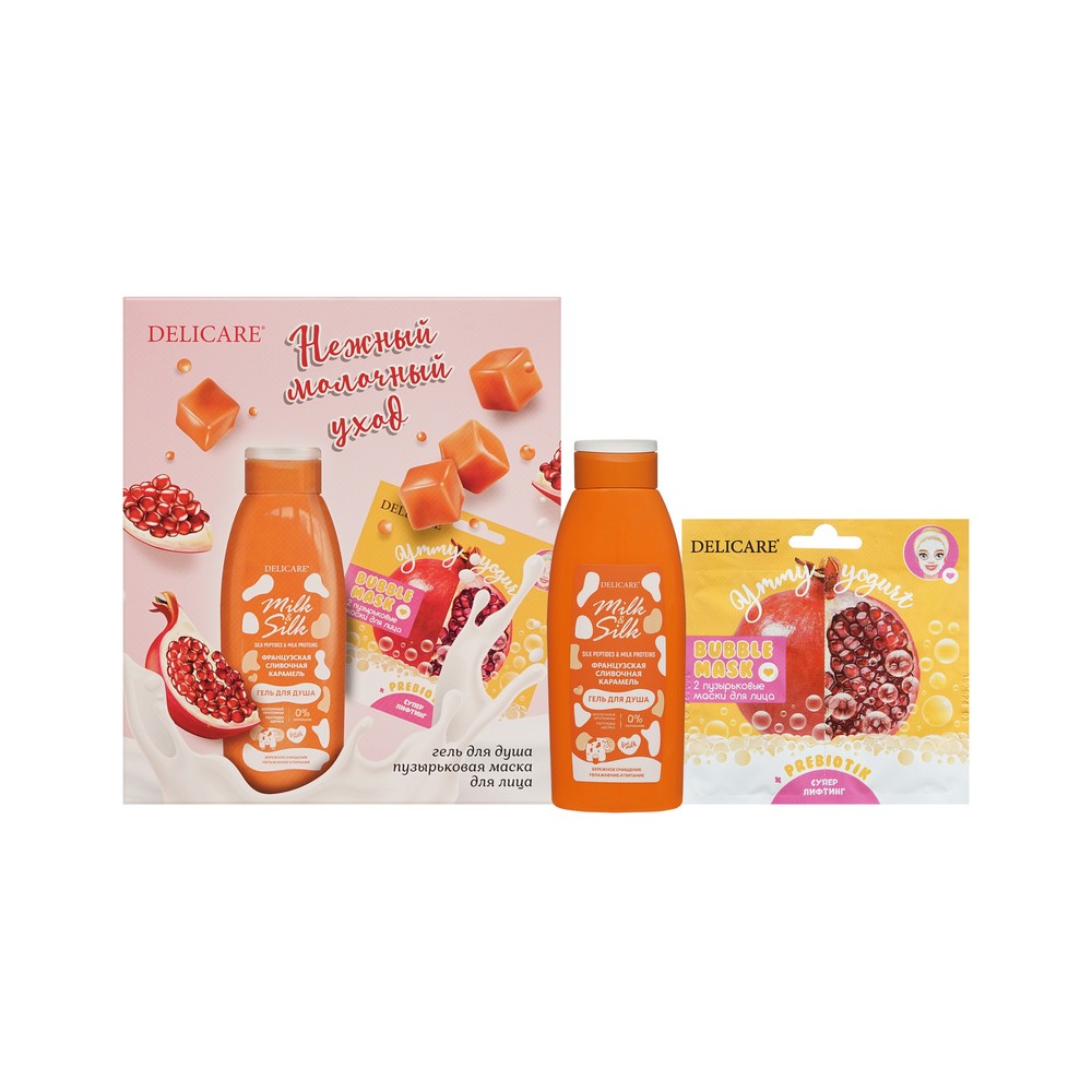 Женский подарочный набор Delicare Нежный молочный уход ( гель для душа Milk & Silk 500мл + Пузырьковая маска для лица ). Фото 1.