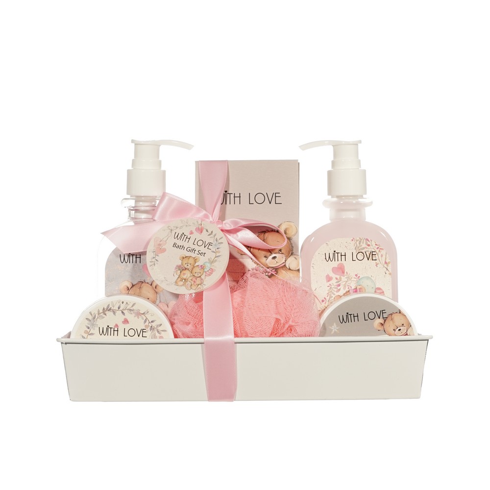 Женский подарочный набор With love ( гель для душа 240мл + пена для ванны 240мл + скраб для тела 50мл + лосьон для тела 50мл + соль для ванны 100г + мочалка для тела ) в ассортименте. Фото 1.