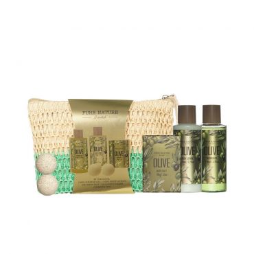 Женский подарочный набор Pure Nature Olive ( гель для душа 110мл + лосьон для тела 110мл + соль для ванны 100г + физзер 2шт ).