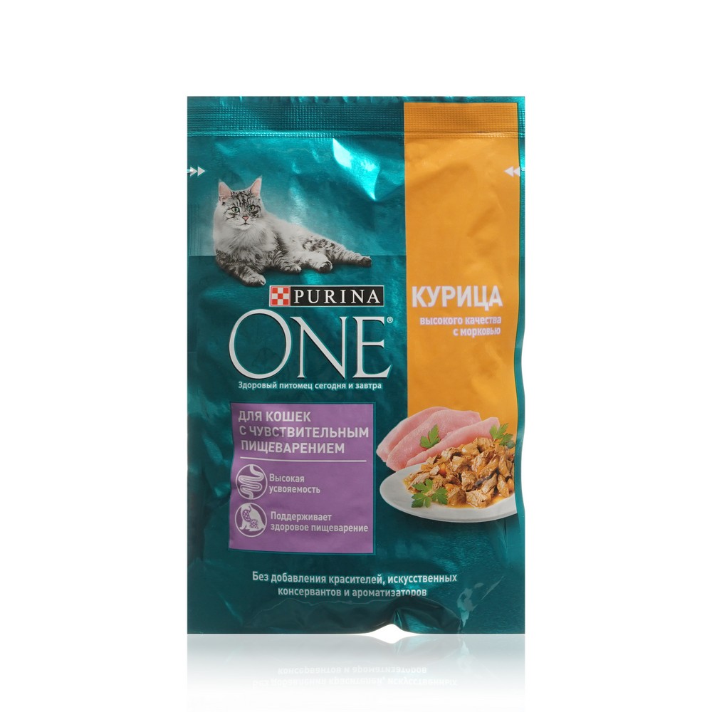 Влажный корм для кошек с чувствительным пищеварением Purina One с курицей и морковью 75г. Фото 1.