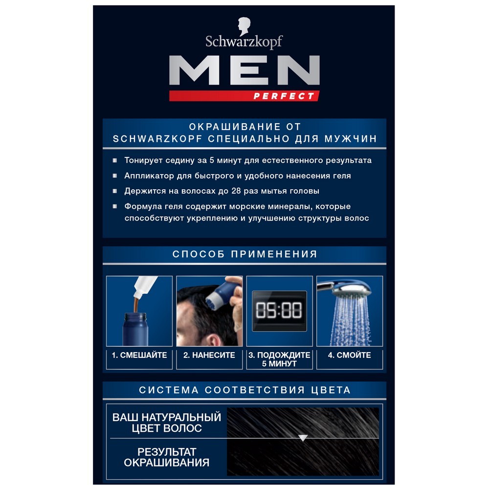 Оттеночный гель Schwarzkopf Men Perfect мужской для волос 90 Натуральный черный. Фото 9.
