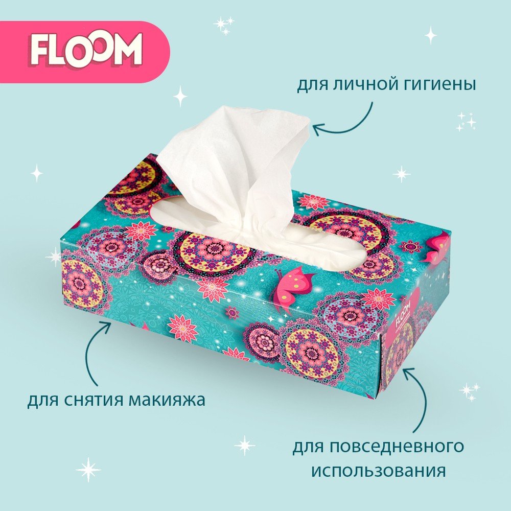 Косметические салфетки Floom 2х-слойные , в коробке 100шт. Фото 6.