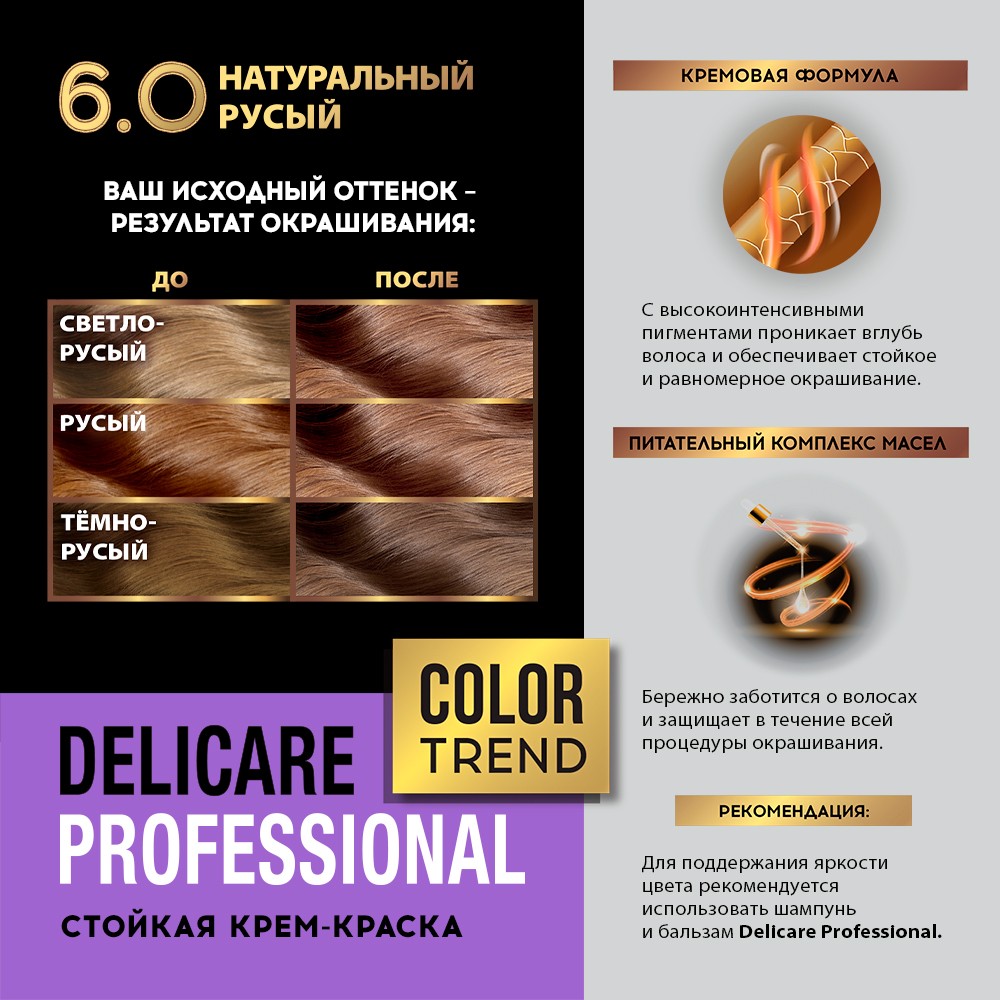 Стойкая крем - краска для волос Delicare Professional Color Trend 6.0 Натуральный русый Вид№10