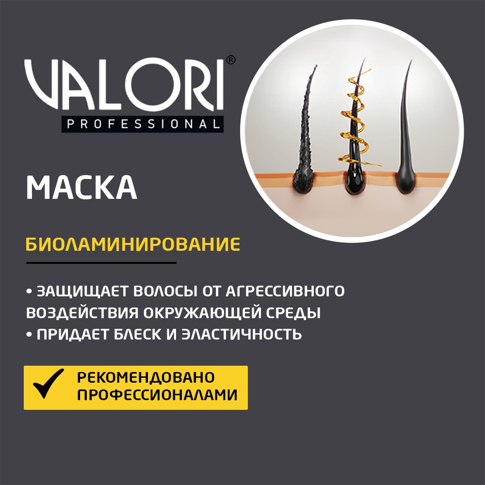 Маска для волос Valori Professional " Биоламинирование " для тонких и тусклых волос на основе масла арганы и жидкого шелка 20мл. Фото 5.