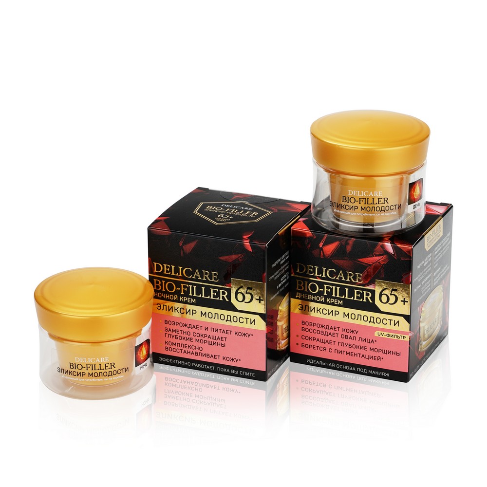 Женский Подарочный набор Delicare Bio-Filler ( дневной крем для лица " Эликсир Молодости " 65+ , 50мл + ночной крем для лица " Эликсир Молодости " 65+ , 50мл ). Фото 4.