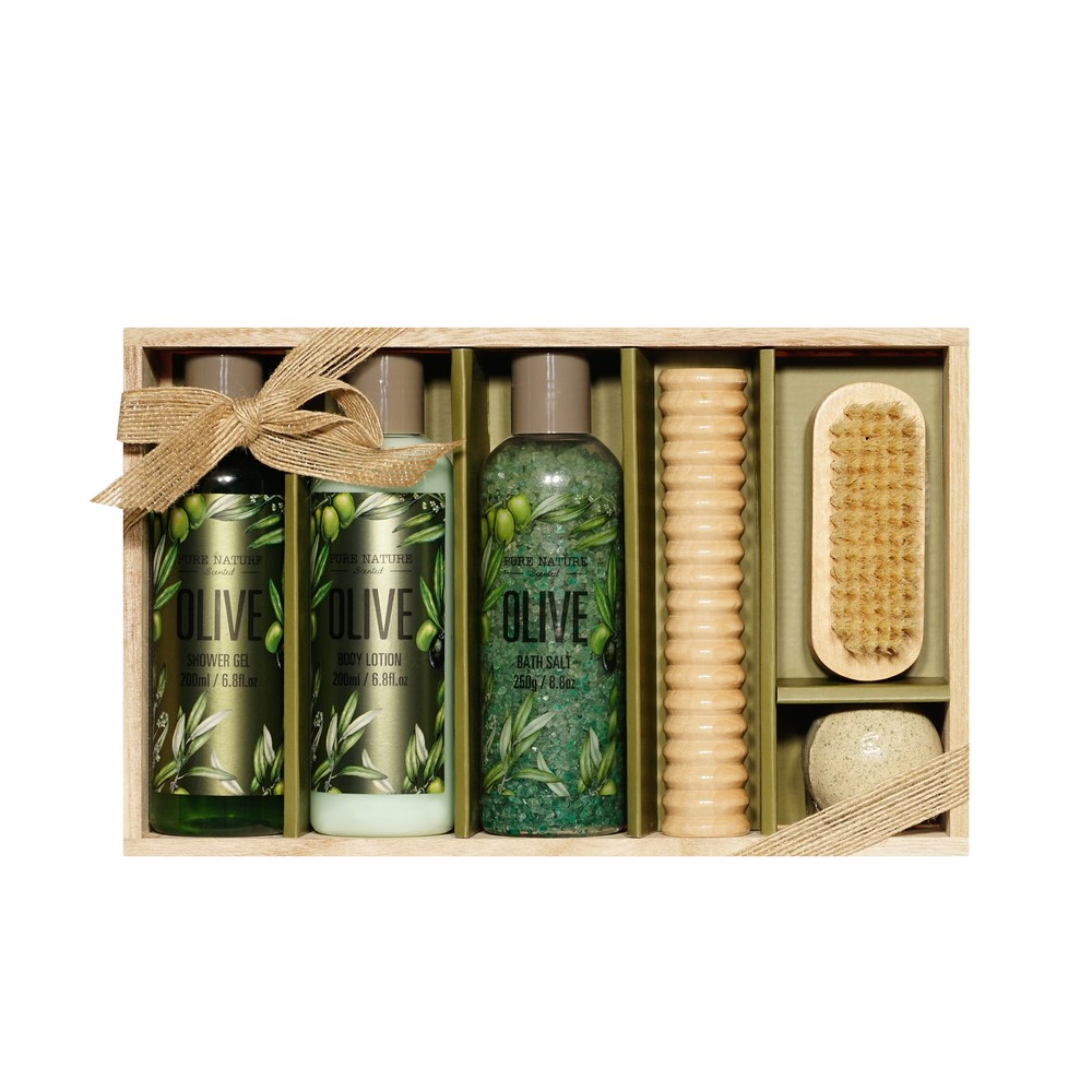 Женский подарочный набор Pure Nature Olive ( гель для душа 200мл + лосьон для тела 200мл + соль для ванны 250г + Физзер для ванны 50г + щетка для тела + массажер для тела ). Фото 1.