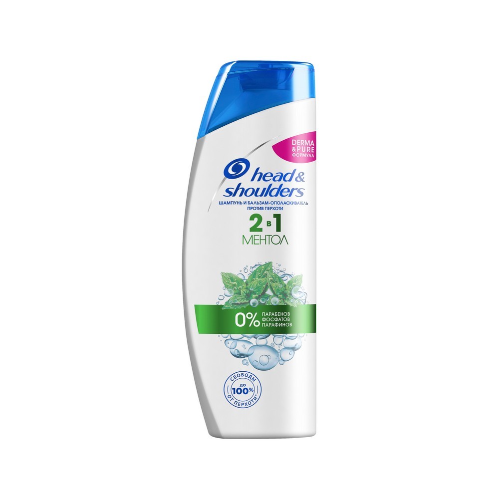 Шампунь и бальзам Head and Shoulders - ополаскиватель против перхоти 2 в 1 с натуральным ментолом 400мл. Фото 1.