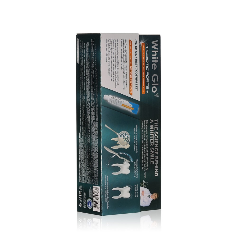 Отбеливающая зубная паста White Glo " Probiotic Forte " с пробиотиками 100г. Фото 4.