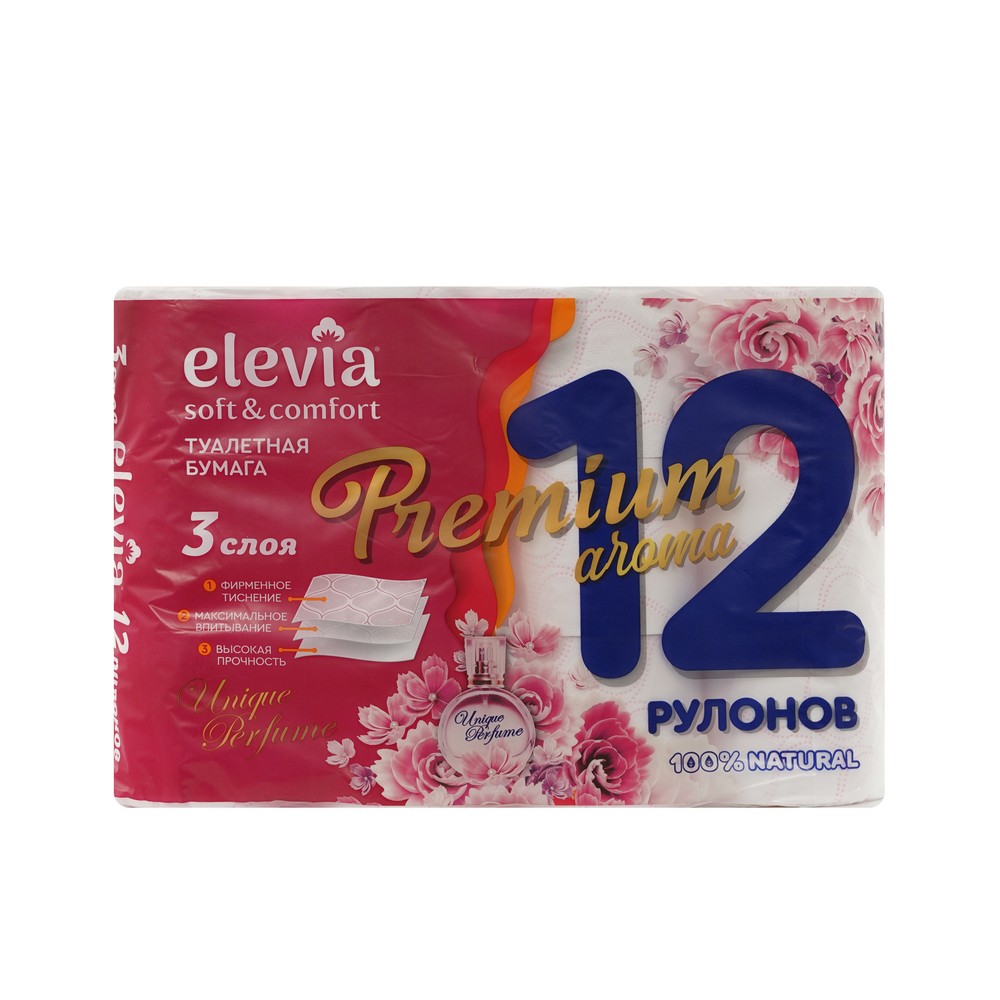 Туалетная бумага Elevia Premium Aroma 3х-слойная 12шт. Фото 1.