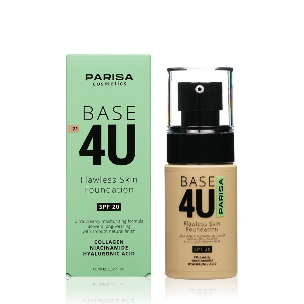 Тональный крем для лица Parisa Cosmetics Base 4U 21 Бежевый 60мл. Фото 1.