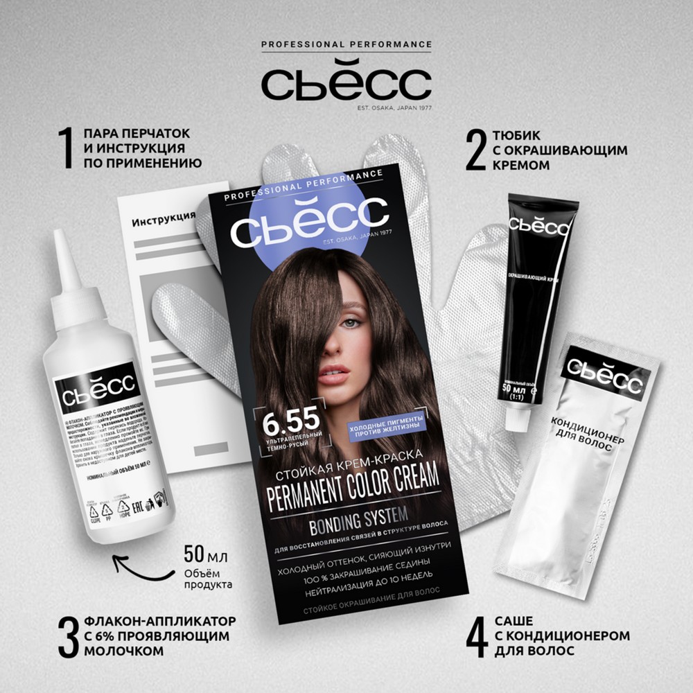 Стойкая крем - краска для волос Сьёсс 7-55 Ультрапепельный русый. Фото 10.