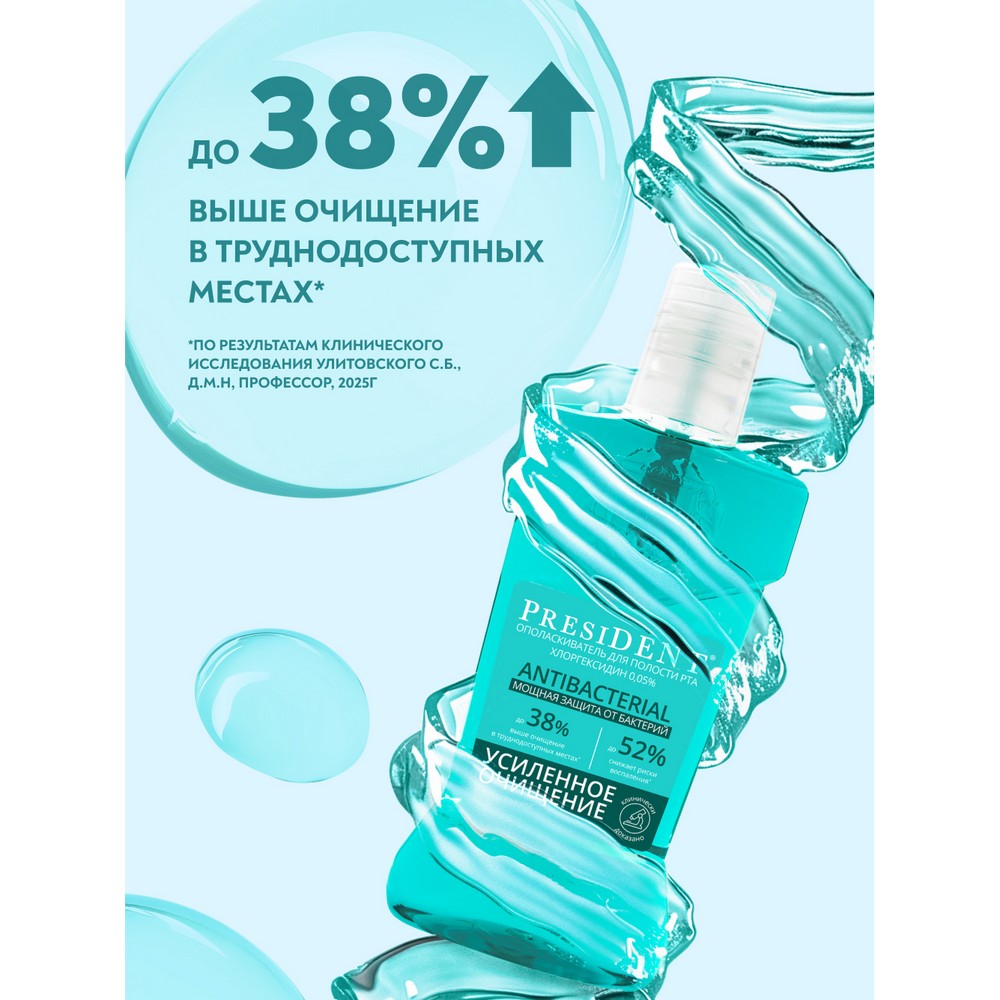 Ополаскиватель для полости рта PresiDENT Antibacterial мощная защита от бактерий 400мл. Фото 4.