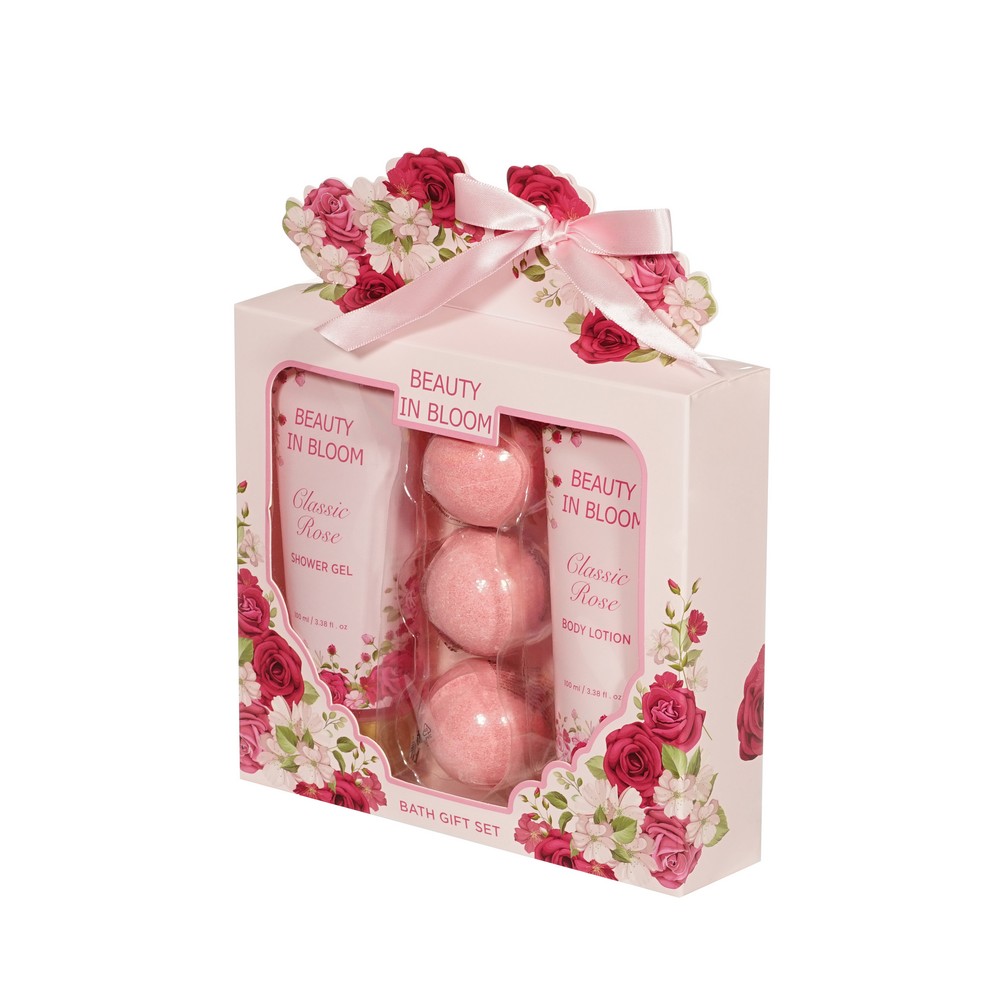 Женский подарочный набор Beauty In Bloom Classic Rose ( гель для душа 100мл + лосьон для тела 100мл + Физзер для ванны 3шт ). Фото 2.