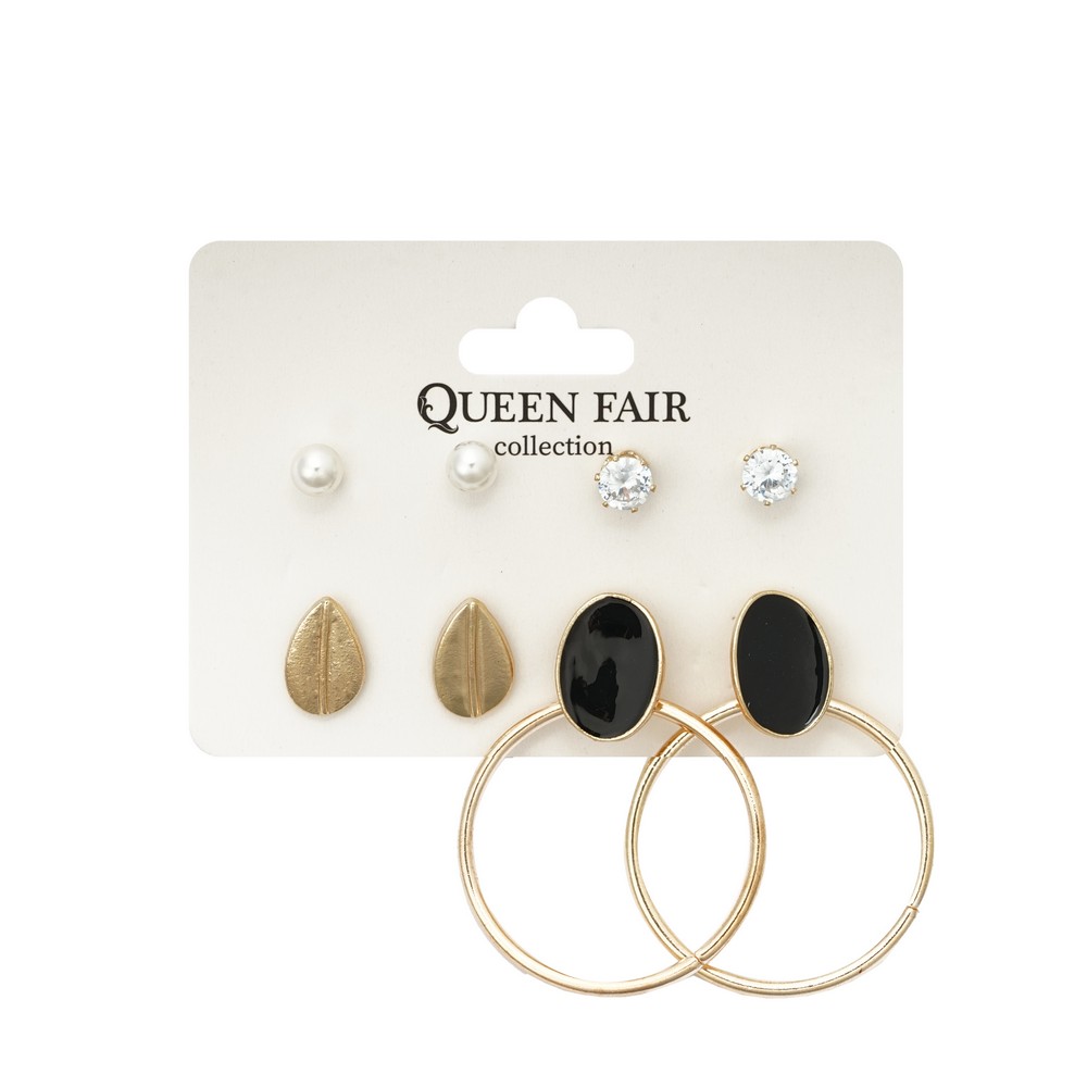 Серьги Queen Fair Летние Истории, листья/круги черно-белый в золоте 4 пары