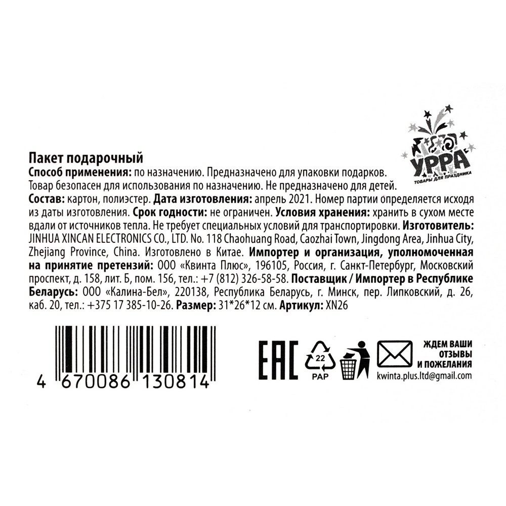 Пакет подарочный УРРА , цветы и бабочки , 31*26*12см Вид№2