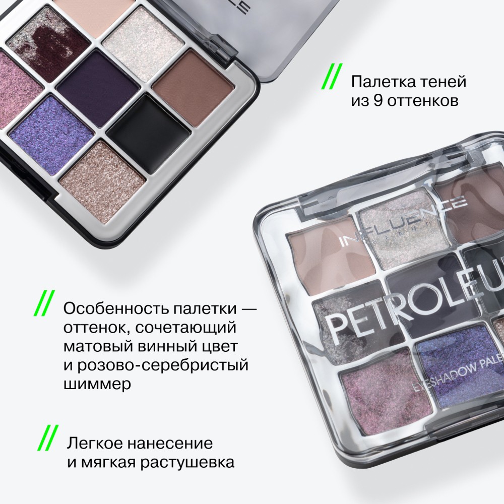 Палетка теней для век Influence Beauty Petroleum 01 9 оттенков 7,2г. Фото 3.