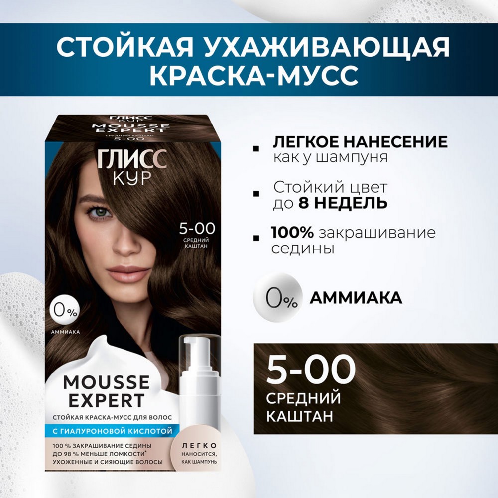 Стойкая краска - мусс для волос Глисс Кур Mousse Expert 5-00 Средний каштан 85мл. Фото 5.