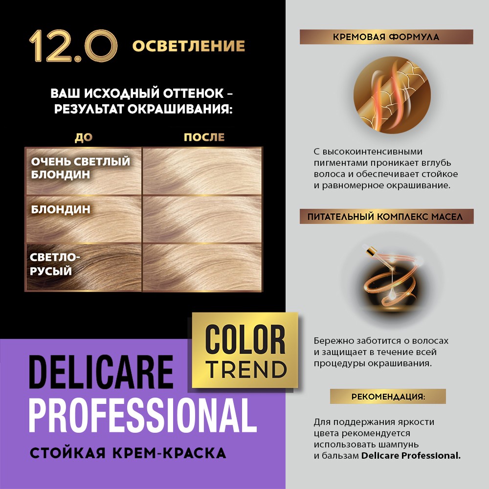 Стойкая крем - краска для волос Delicare Professional Color Trend 12.0 Осветление Вид№10