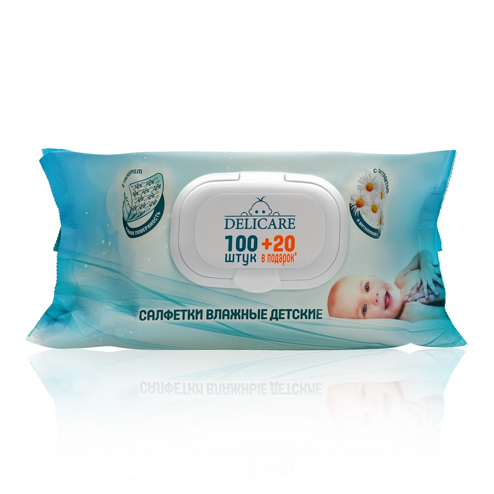 Детские салфетки Delicare Baby с экстрактом ромашки и витамином e 120шт. Фото 1.