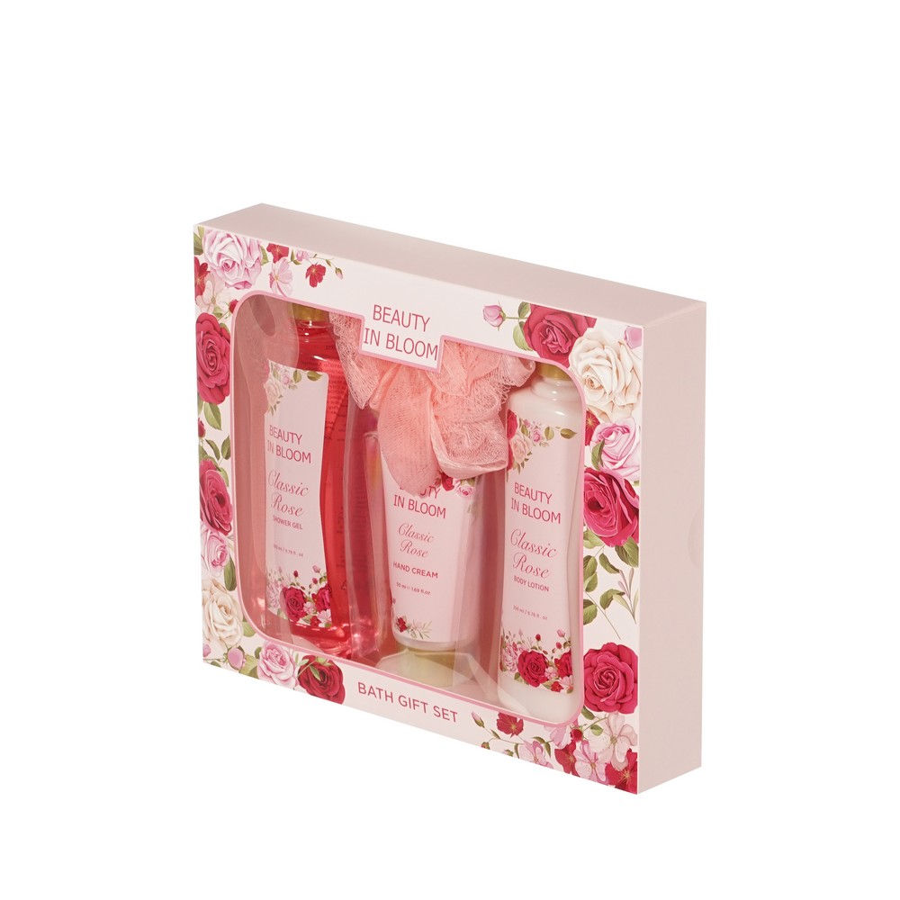 Женский подарочный набор Beauty In Bloom Classic Rose ( гель для душа 200мл + лосьон для тела 200мл + крем для рук 50мл + мочалка для тела ). Фото 2.