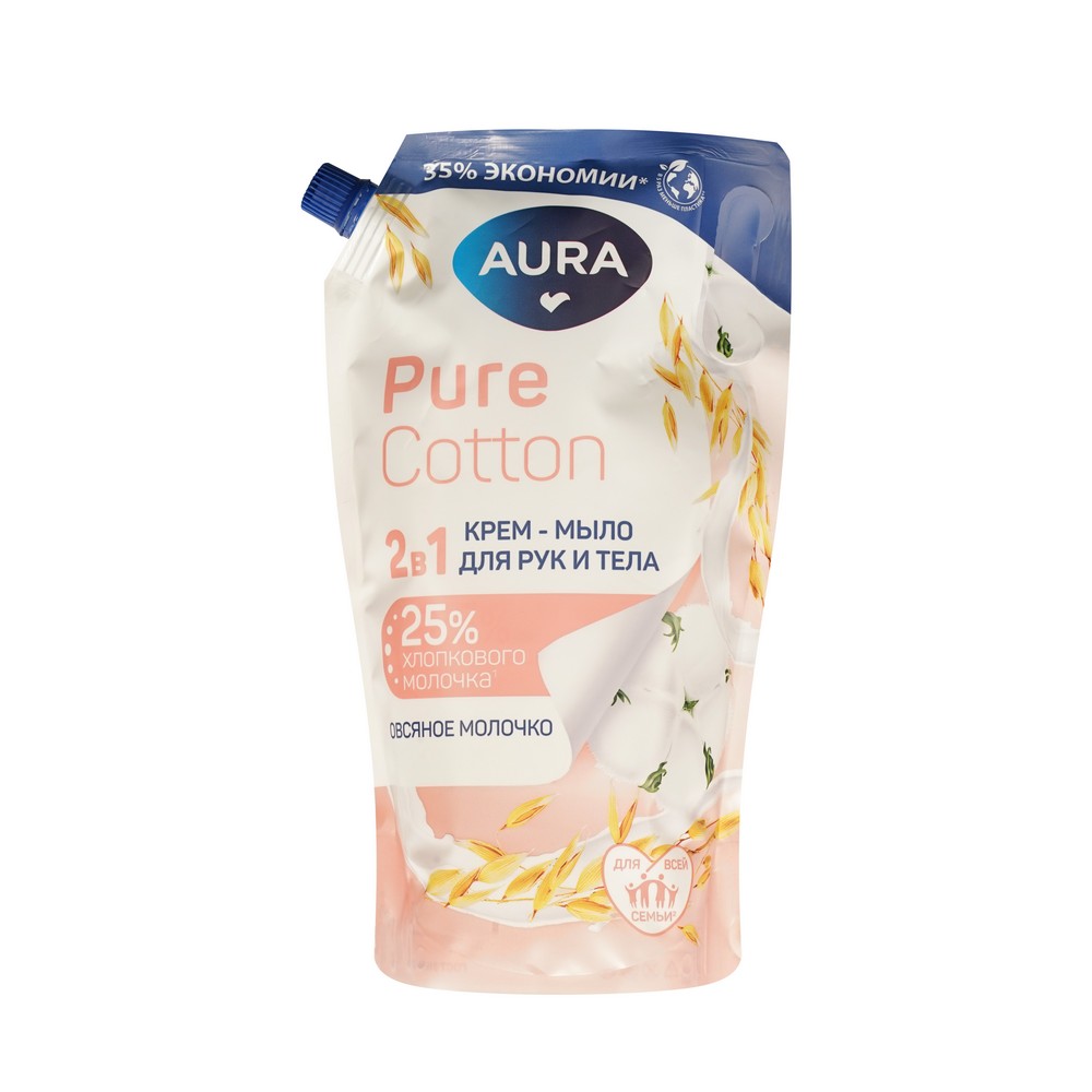 Жидкое крем - мыло для рук и тела Aura Pure Cotton Хлопок и овсяное молочко 850мл. Фото 1.