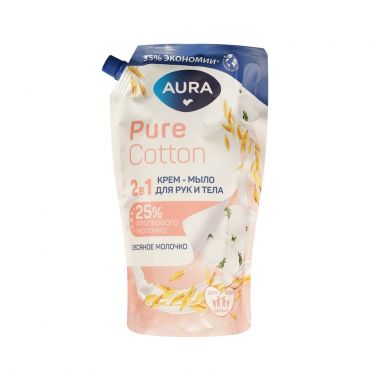 Жидкое крем - мыло для рук и тела Aura Pure Cotton Хлопок и овсяное молочко 850мл.