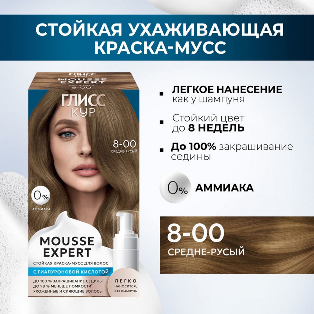 Стойкая краска - мусс для волос Глисс Кур Mousse Expert 8-00 Средне-русый 85мл. Фото 5.