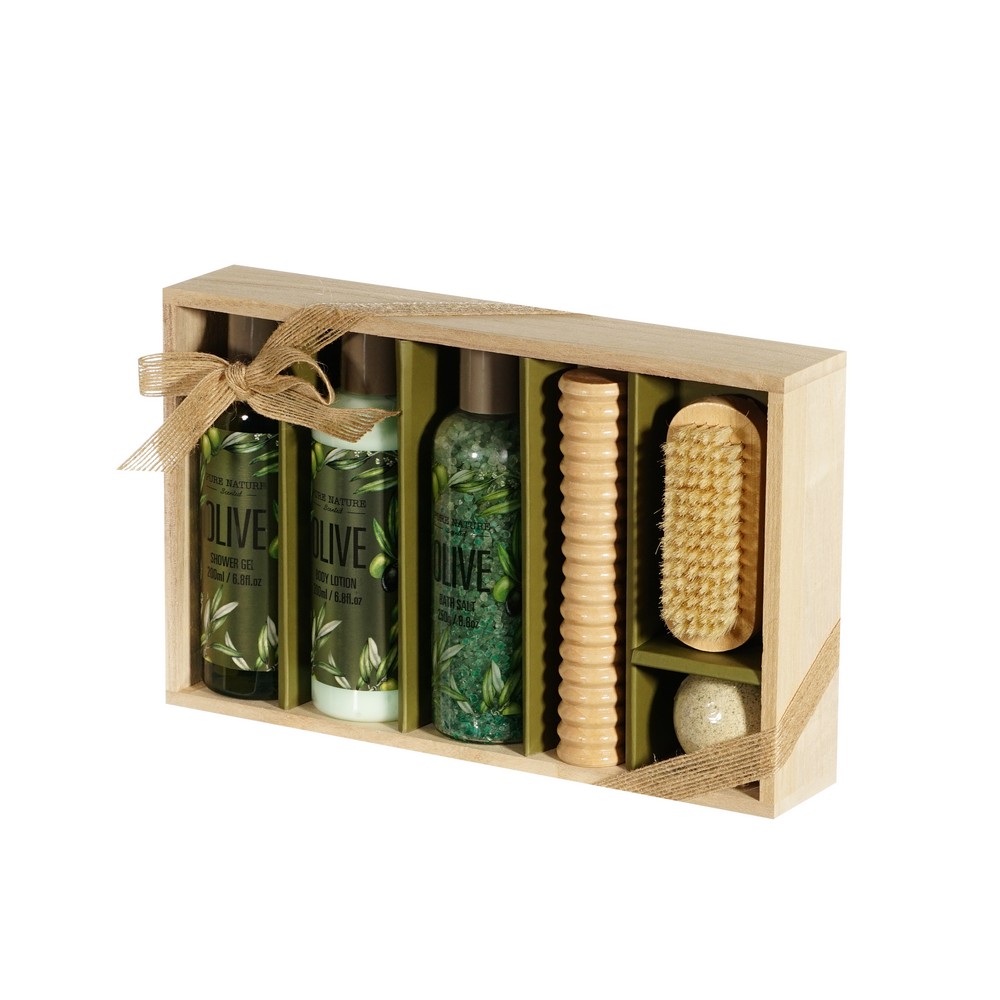 Женский подарочный набор Pure Nature Olive ( гель для душа 200мл + лосьон для тела 200мл + соль для ванны 250г + Физзер для ванны 50г + щетка для тела + массажер для тела ). Фото 2.