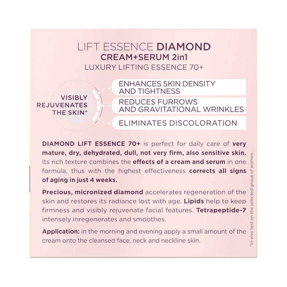Бриллиантовый мультивосстанавливающий крем - сыворотка для лица 2 в 1 Eveline Lift Essence Diamond 70+ 50мл. Фото 7.