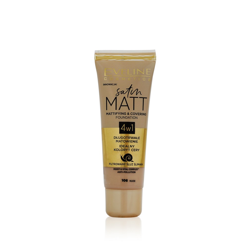 Тональный крем для лица Eveline Satin Matt 4 в 1 матирующий с секретом улитки 106 Nude 30мл. Фото 1.