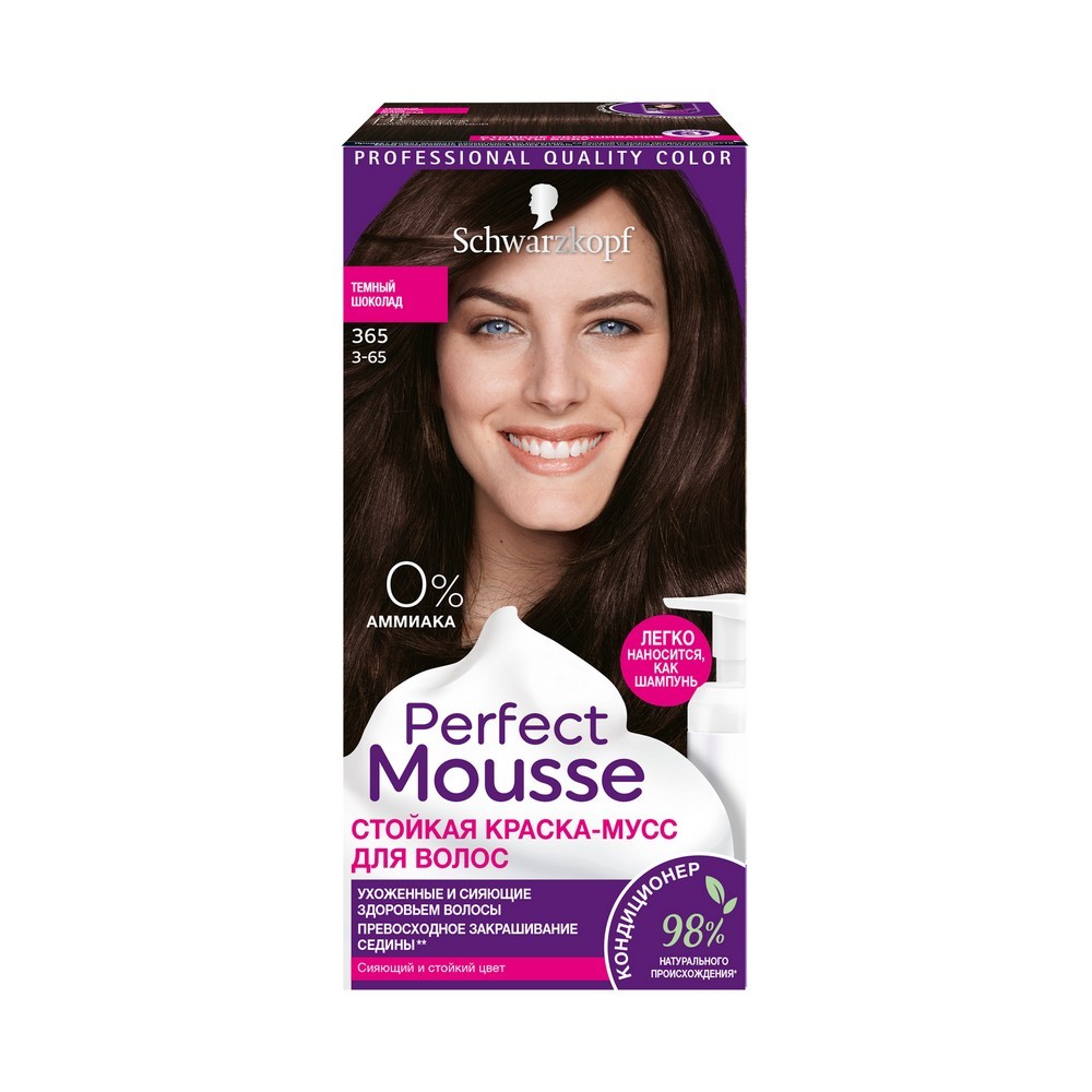 Краска - мусс Schwarzkopf PERFECT MOUSSE стойкая для волос 365 Темный шоколад. Фото 1.