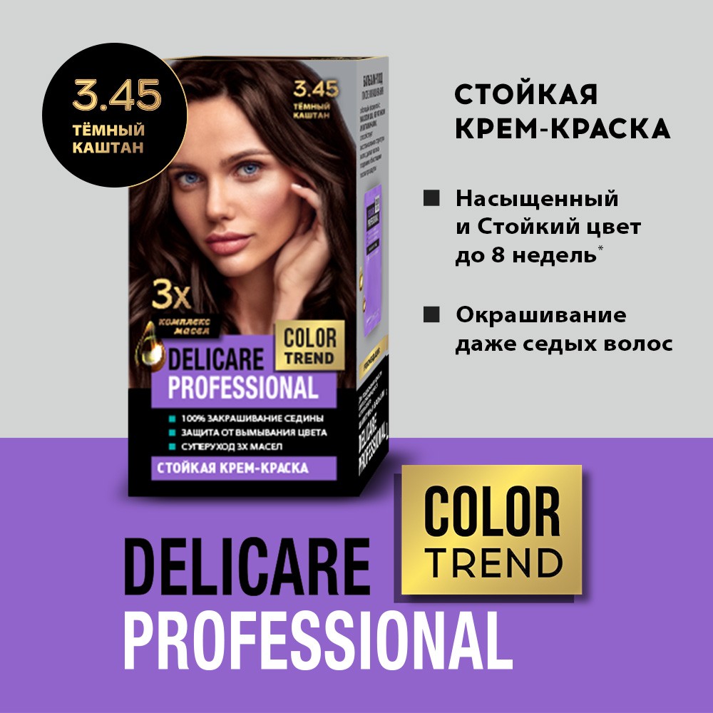 Стойкая крем - краска для волос Delicare Professional Color Trend 3.45 Темный каштан. Фото 5.