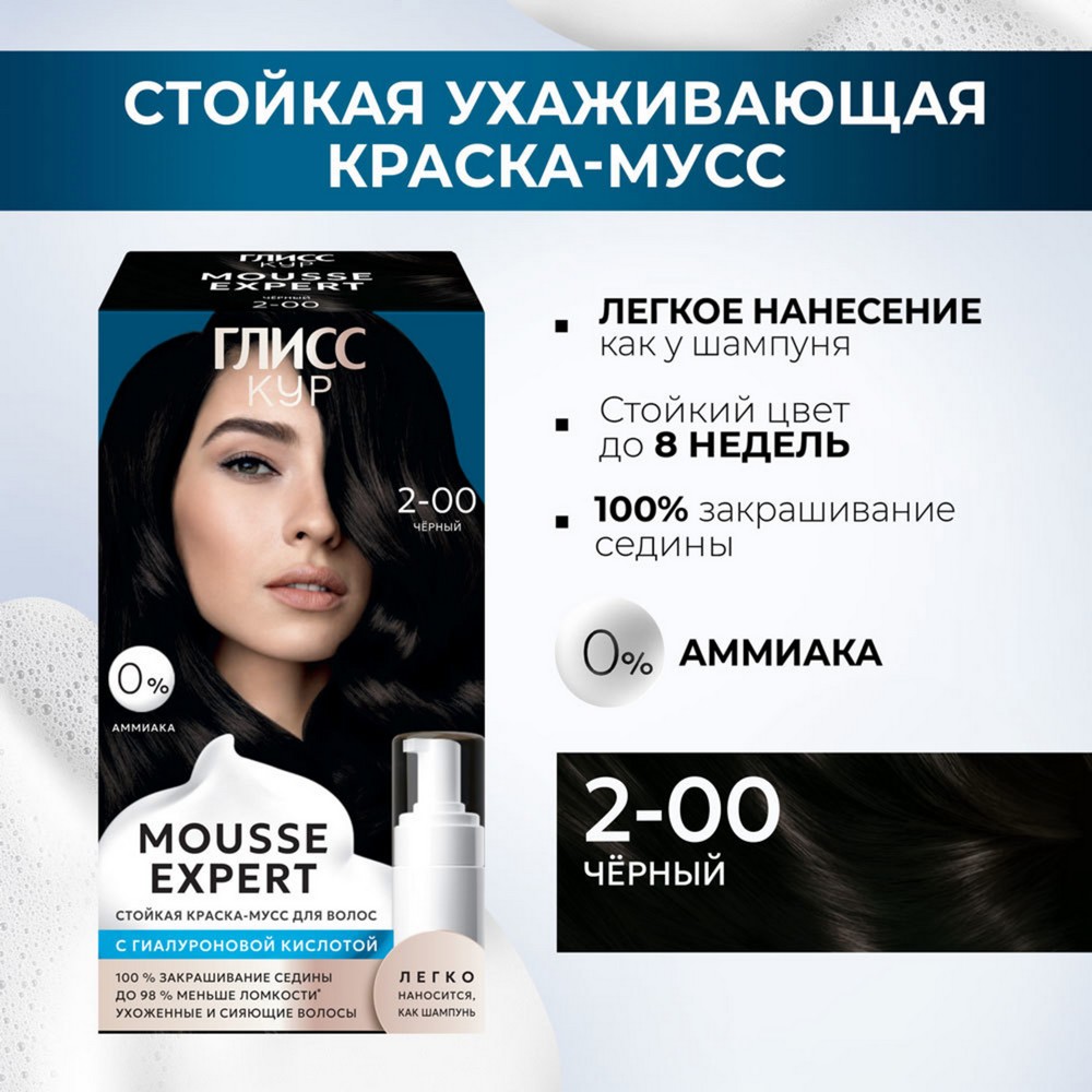 Стойкая краска - мусс для волос Глисс Кур Mousse Expert 2-00 Черный 85мл. Фото 5.