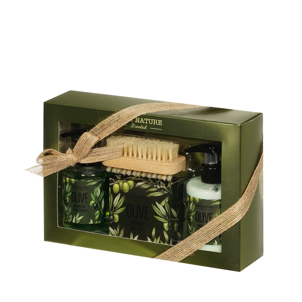 Женский подарочный набор Pure Nature Olive ( гель для душа 150мл + лосьон для тела 100г + соль для ванны 100г + щетка для тела ). Фото 2.