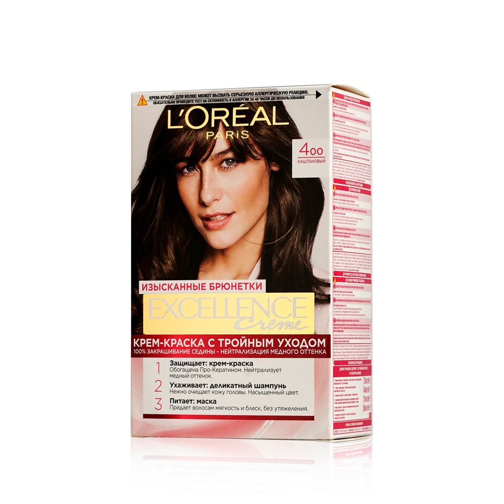 Крем - краска L'Oreal Paris EXCELLENCE Creme стойкая для волос 4 Каштановый. Фото 1.