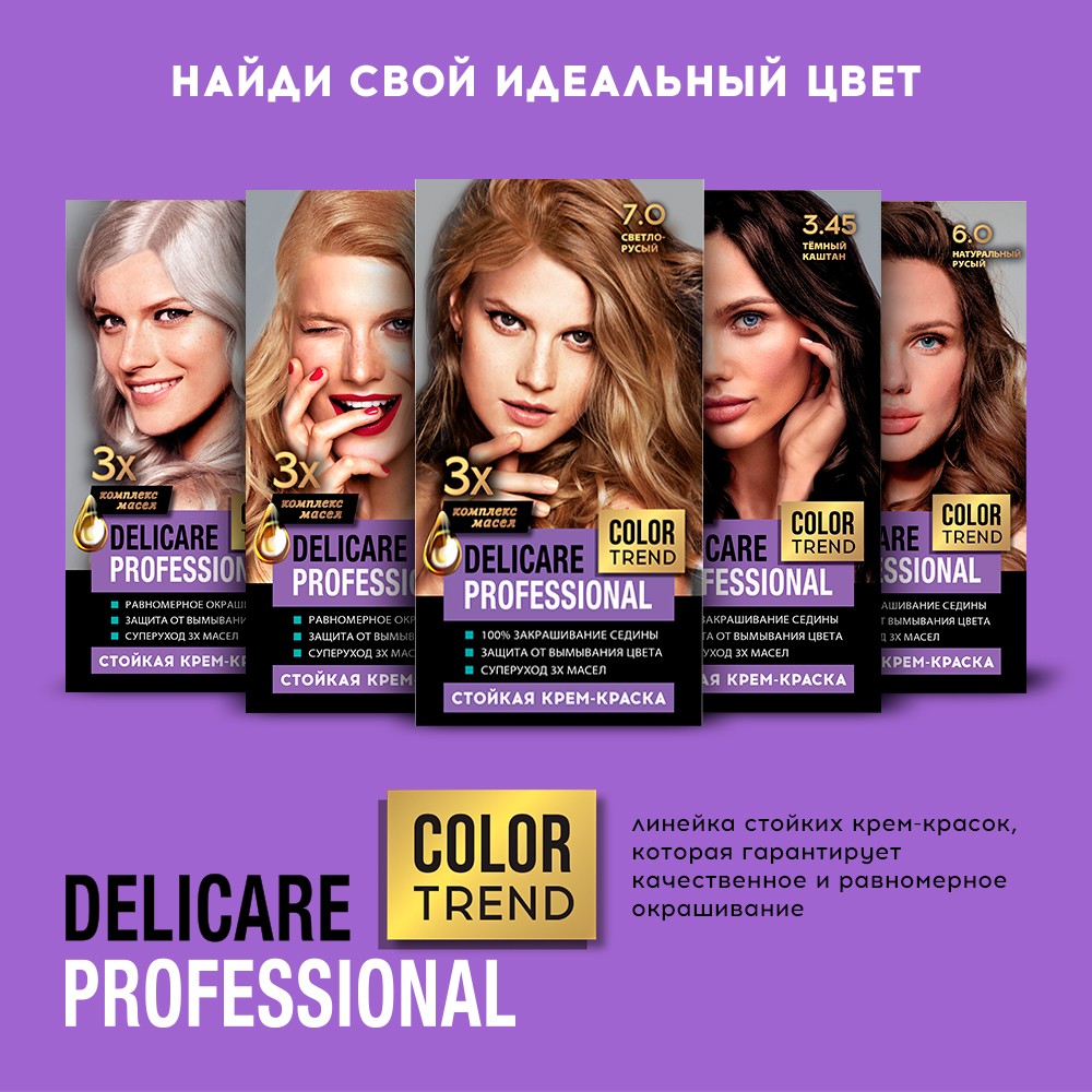 Стойкая крем - краска для волос Delicare Professional Color Trend 7.0 Светло-русый Вид№9