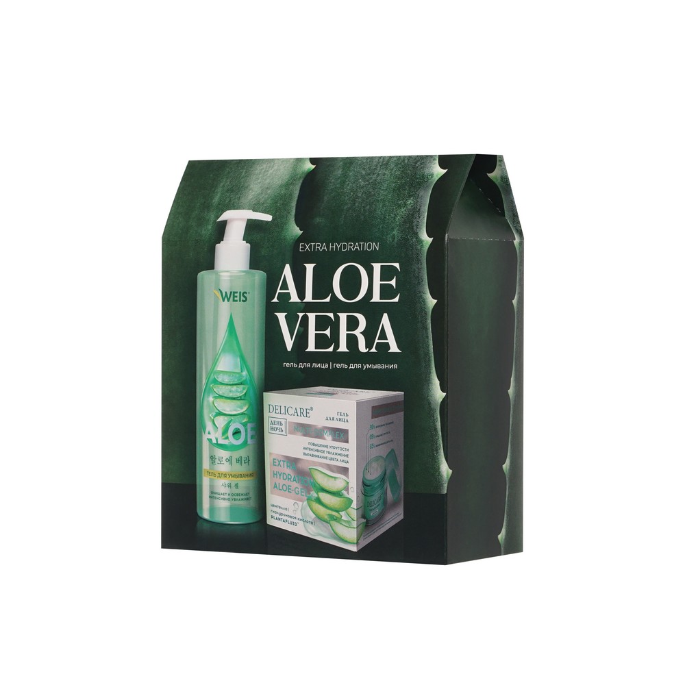 Женский подарочный набор Aloe Vera ( гель для умывания WEIS Aloe 190мл + увлажняющий гиалуроновый гель для лица Delicare 50мл ). Фото 2.