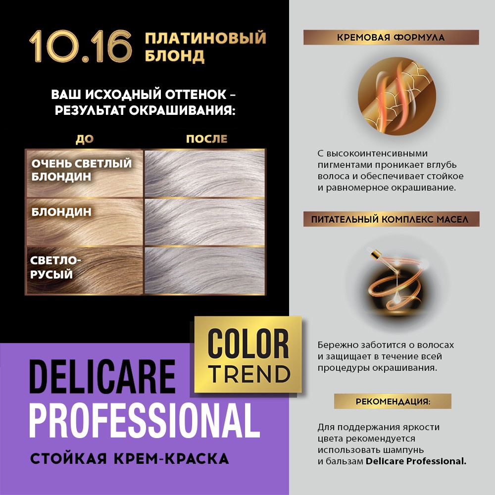 Стойкая крем - краска для волос Delicare Professional Color Trend 10.16 Платиновый блонд. Фото 9.