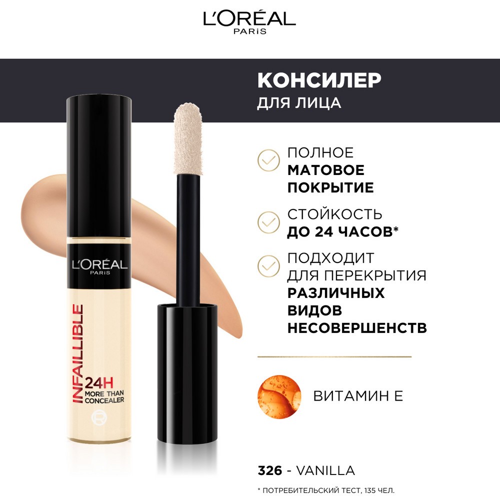 Стойкий консилер для лица L'Oreal Paris Infaillible мультифункциональный 326 Ванильный 11мл. Фото 6.