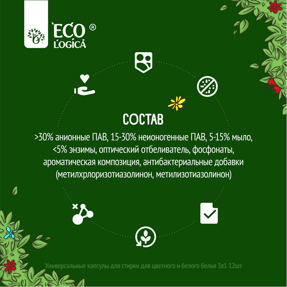 Универсальные капсулы для стирки Ecologica для цветного и белого белья 3 в 1 12шт. Фото 6.