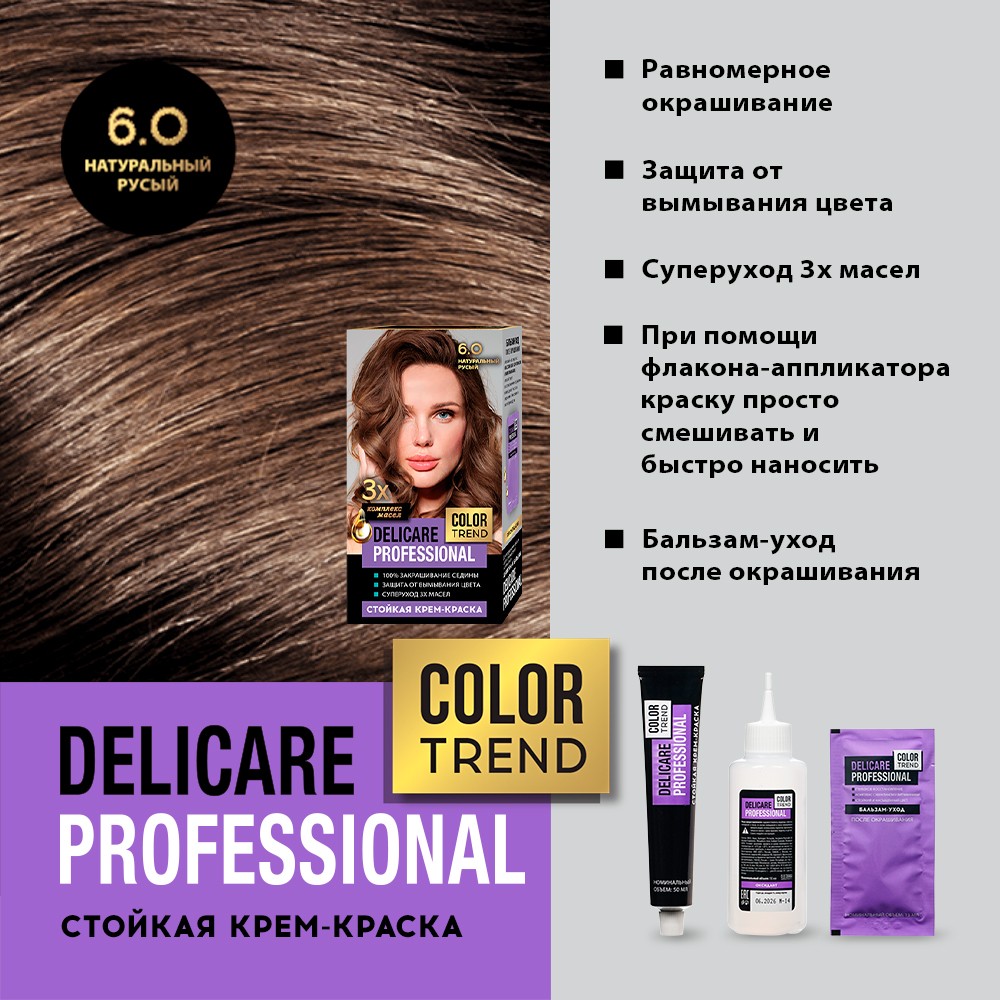 Стойкая крем - краска для волос Delicare Professional Color Trend 6.0  Натуральный русый – купить в интернет-магазине Улыбка радуги