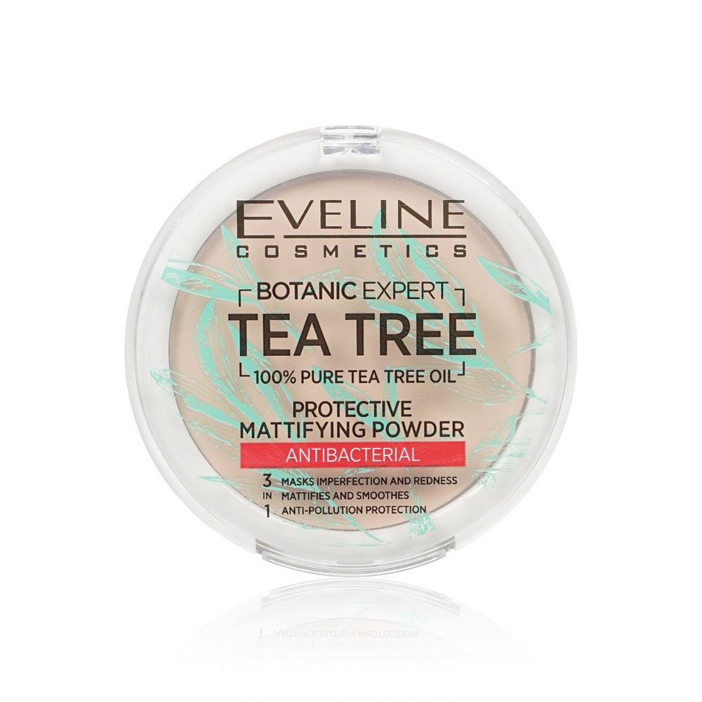 Пудра для лица Eveline Tea tree антибактериальная матирующая 002 Ivory 9г. Фото 1.