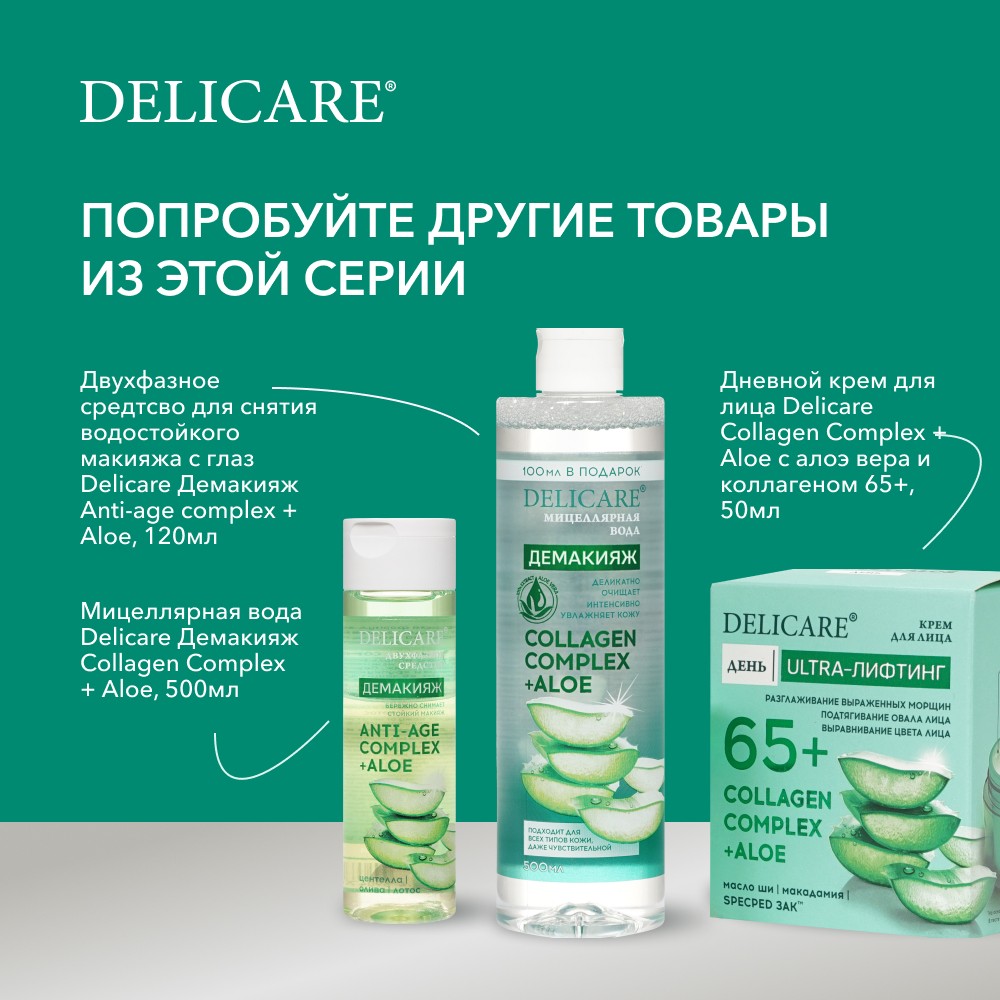 Ночной крем для лица Delicare Collagen Complex + Aloe с алоэ вера и коллагеном 65+ 50мл. Фото 11.