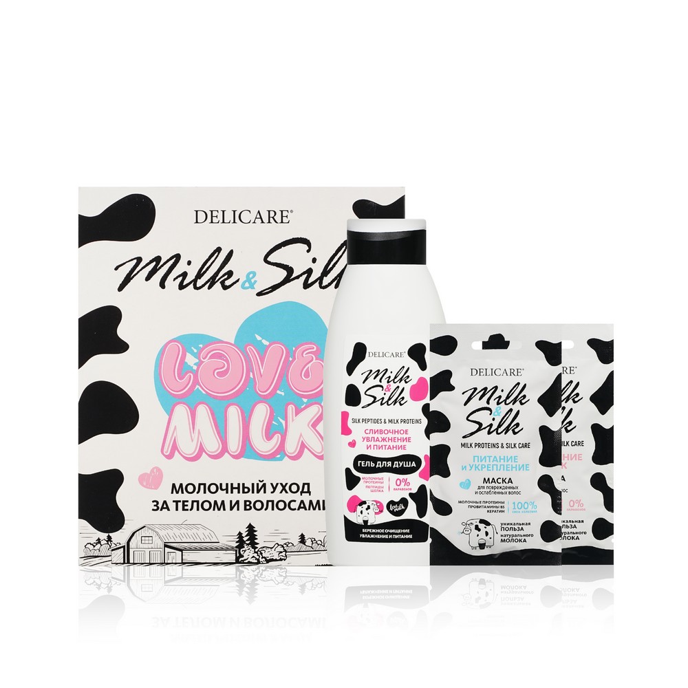 Женский подарочный набор Delicare Milk & Silk ( гель для душа " увлажнение и питание " 500мл , маска для волос " Питание и укрепление " 25мл , маска для волос " Увлажнение и блеск " 25мл ). Фото 1.