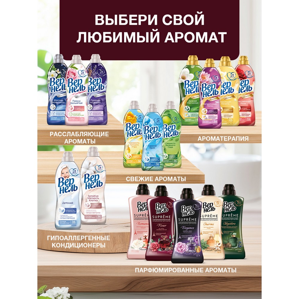 Парфюмированный кондиционер для белья Вернель Supreme Флёр 1,2л. Фото 6.