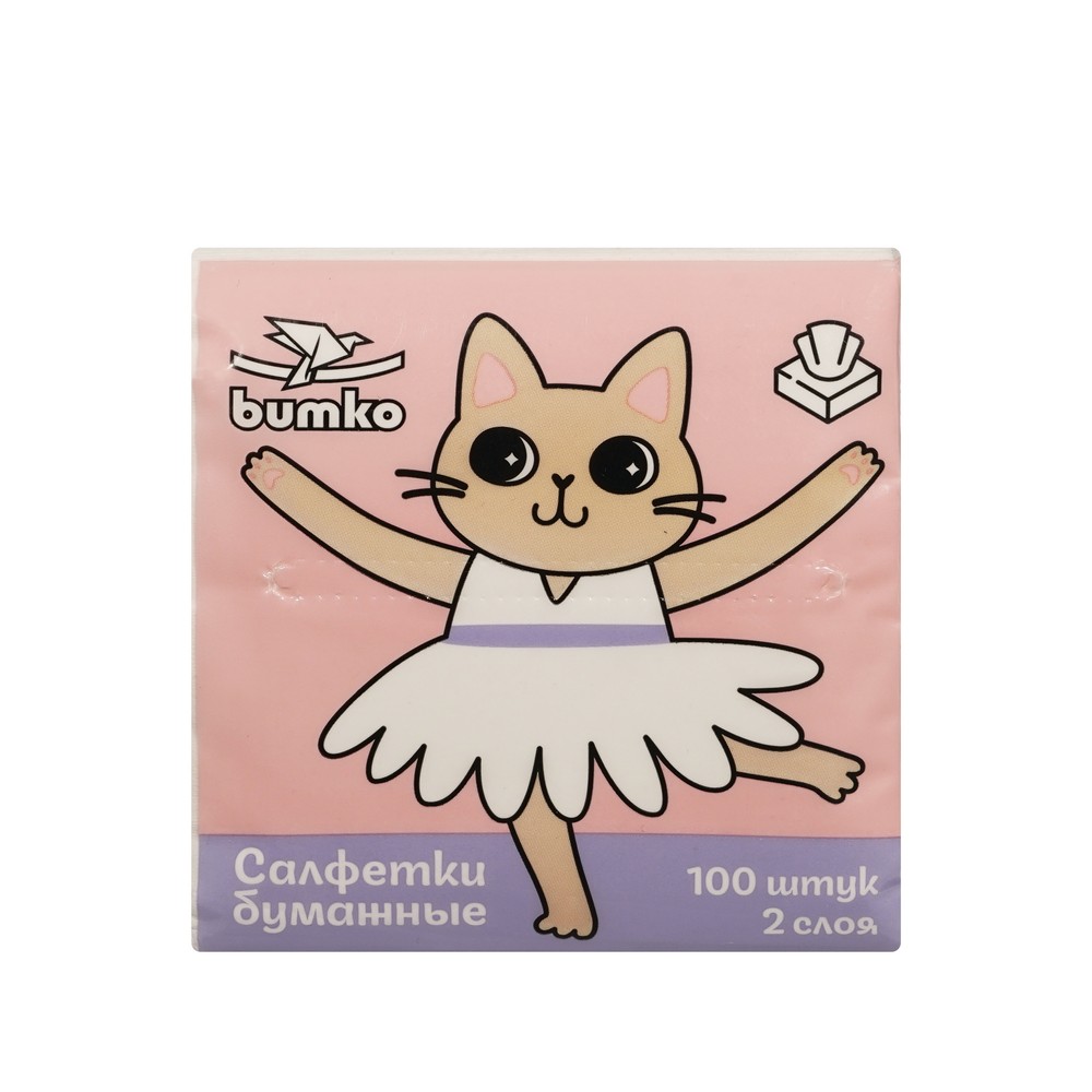 Бумажные салфетки двухслойные V-сложение Bumko Кошка/крокодил 100шт. Фото 1.