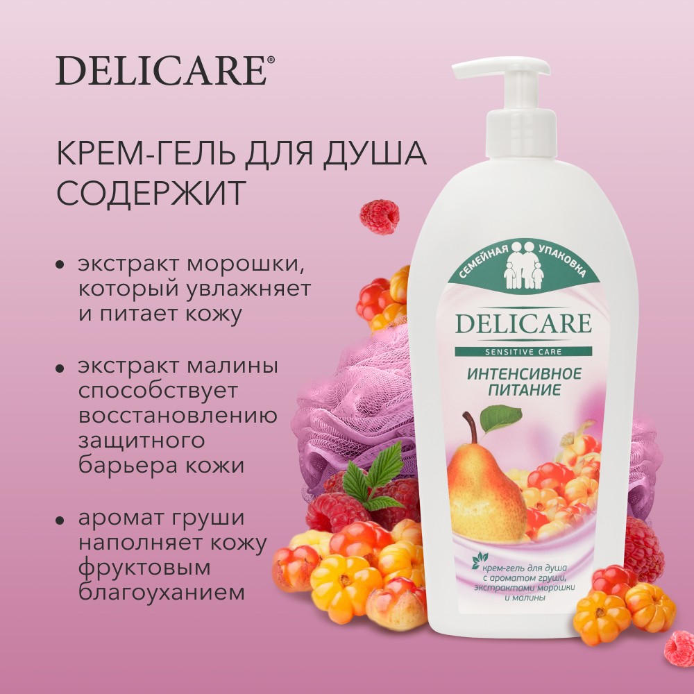 Крем - гель для душа Delicare Sensitive Care " Интенсивное питание " 740мл. Фото 6.