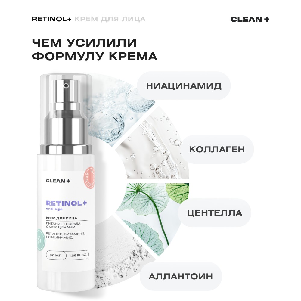 Крем для лица с витамином Е , ниацинамидом CLEAN+ Retinol 50мл. Фото 10.
