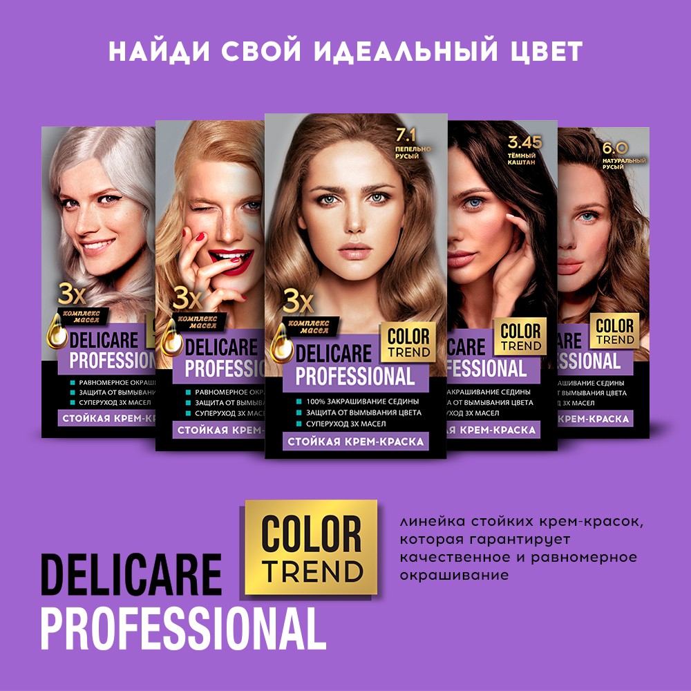 Стойкая крем - краска для волос Delicare Professional Color Trend 7.1 Пепельно-русый. Фото 10.